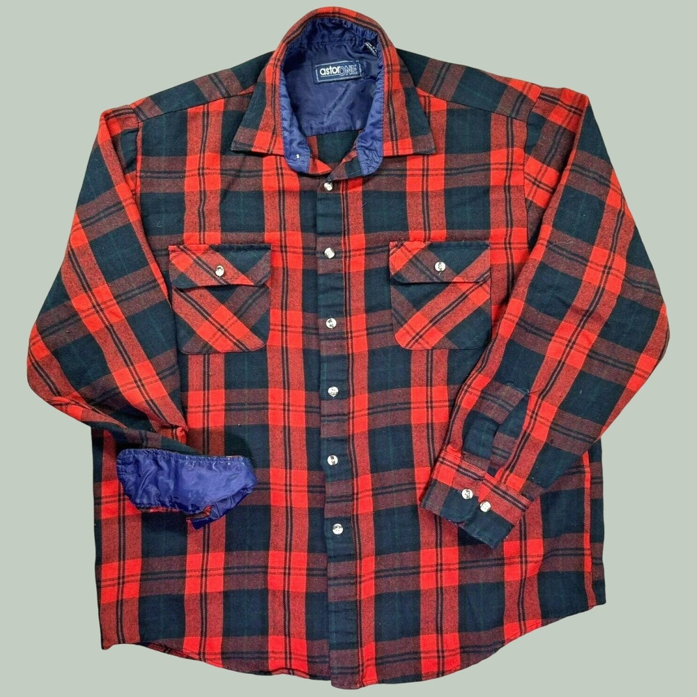 Vintage Astor‎ One Plaid Flannel Shirt Mens Large Red Green Heavyweight Acrylic